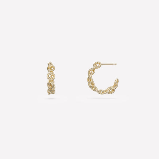 yellow gold chainlink hoop earrings against a white background