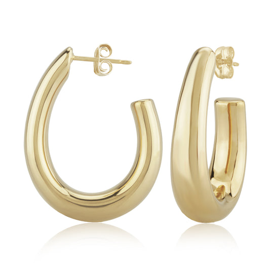 yellow gold J-shaped hoop earrings against a white background
