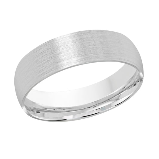 white gold dome wedding band with a satin finish against a white background