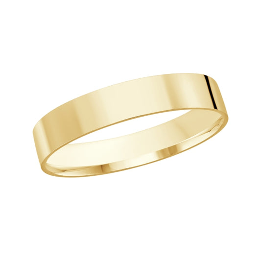 yellow gold flat wedding band against a white background