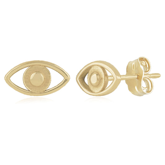 yellow gold evil eye stud earrings against a white background