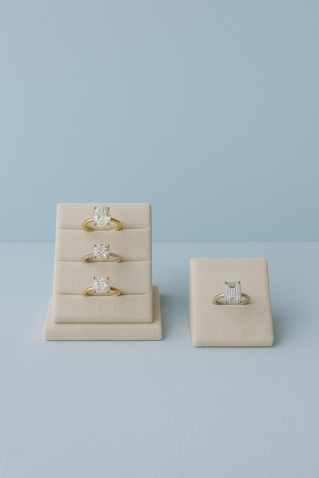 Four engagement rings displayed against a light blue background