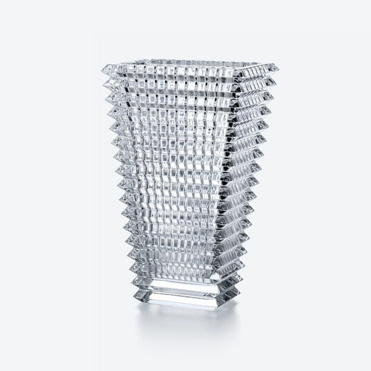 textured rectangular clear crystal vase against a white background