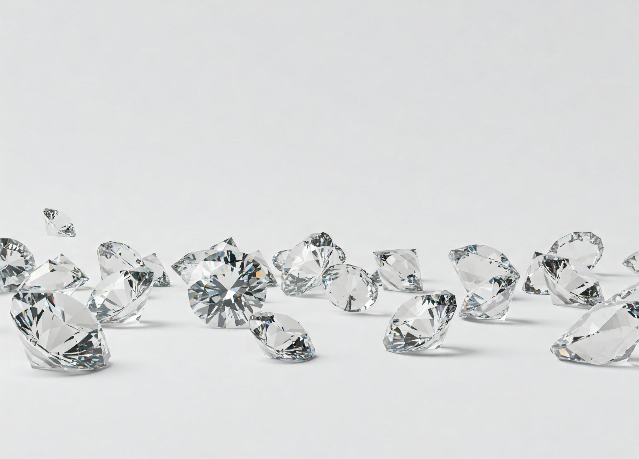 Scattered loose diamonds set against a light gray background.