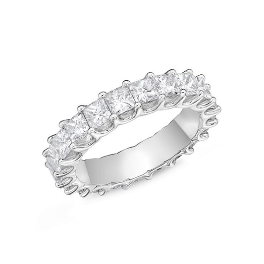 white gold Princess-Cut Eternity wedding Band against a white background