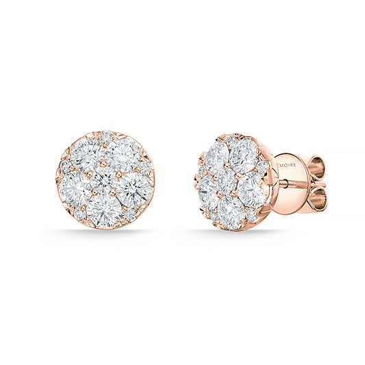rose gold flower-shaped diamond stud earrings against a white background
