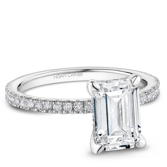 Noam Carver Platinum Emerald-cut diamond Engagement Ring with Diamond Hidden Halo and Diamond Band against a white background