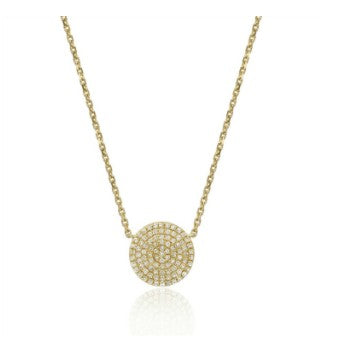 Women's 16 Inch 14K Yellow Gold Diamond Pave Round Disc Pendant Necklace