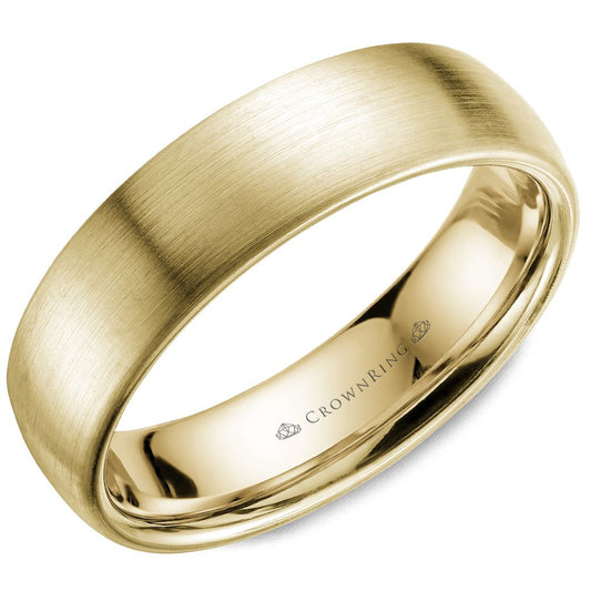 CrownRing yellow gold satin finish wedding band against a white background