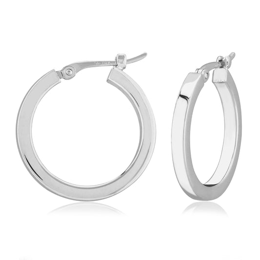 white gold square hoop earrings against a white background