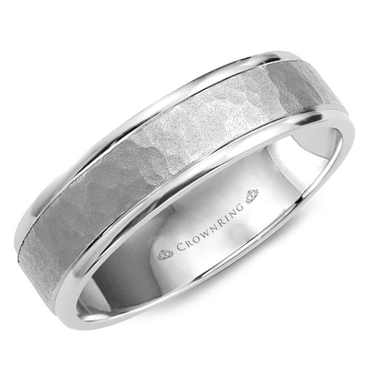 Crown Ring White Gold wedding band with a Beveled Edge and a Carved section in the center against a white background