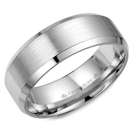 Crown Ring White Gold 7mm wedding band with a Beveled Edge in Satin Finish against a white background