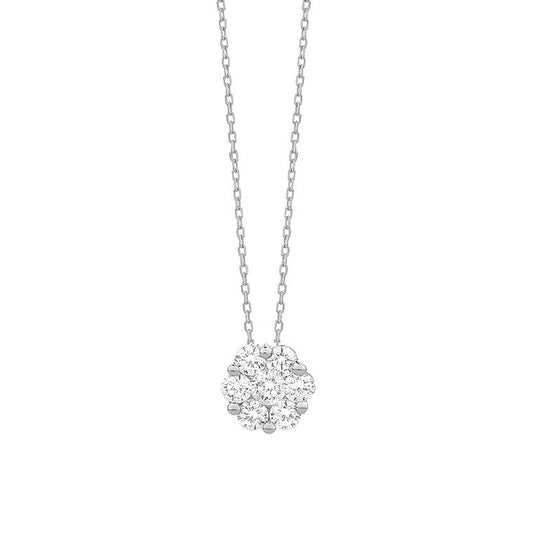 White Gold Diamond Cluster Pendant and chain against a white background