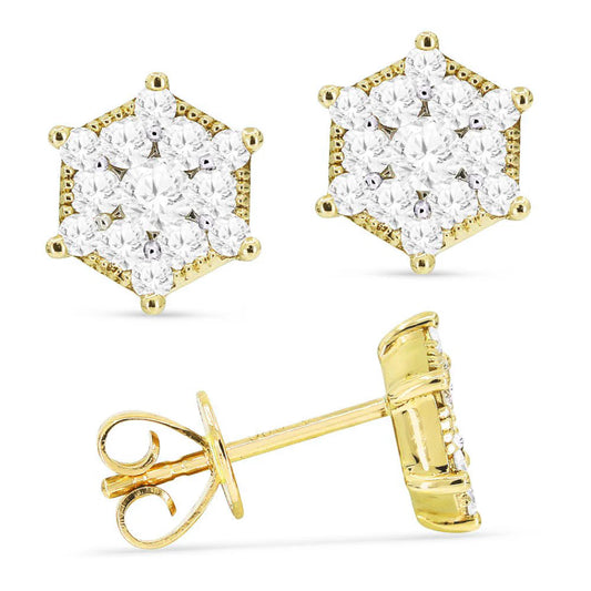 Yellow Gold Diamond Cluster Earrings with front and side profile against a white background