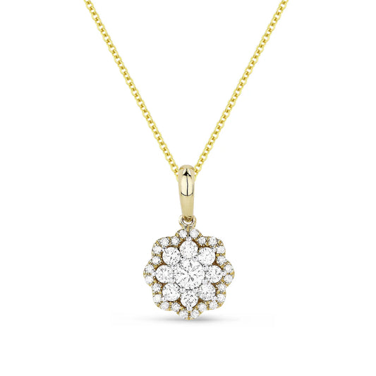 Yellow Gold Diamond Cluster Flower Pendant and chain against a white background