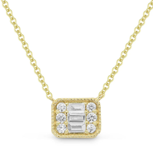 Yellow Gold Diamond Cluster Pendant and chain against a white background