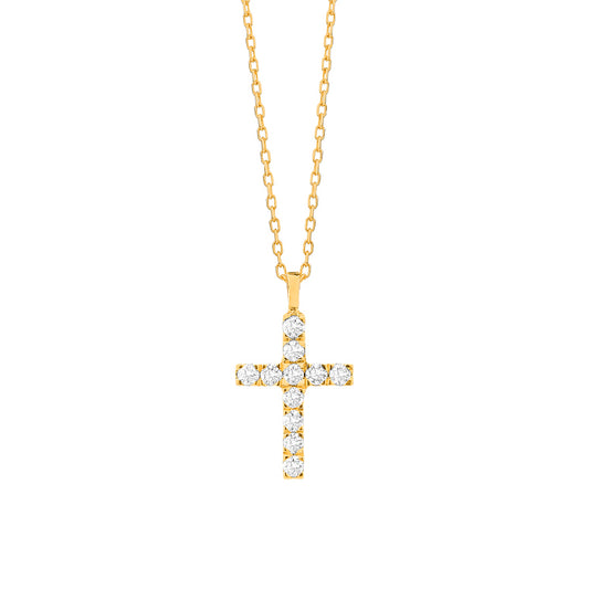 Yellow Gold Diamond Cross Pendant and chain against a white background
