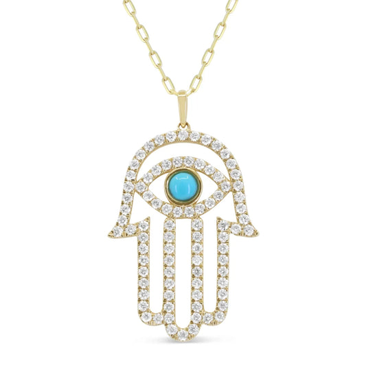 Yellow Gold Diamond Hamsa Pendant against a white background