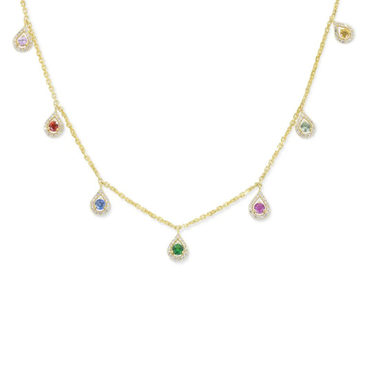 yellow gold necklace with 7 multi-colored stones against a white background