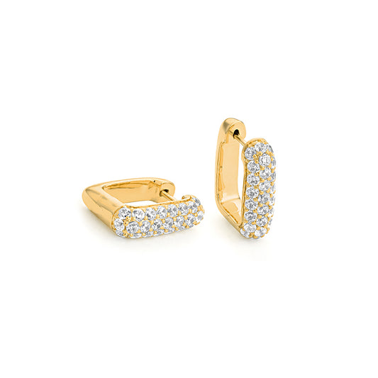 Yellow Gold Pave Diamond Huggie Earrings against a white background