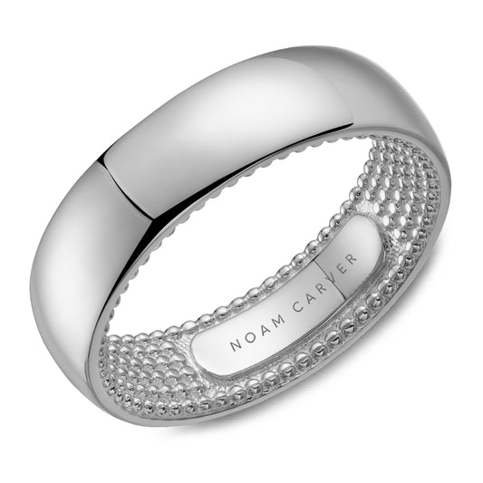 Noam Carver white gold wedding band with a textured inside against a white background