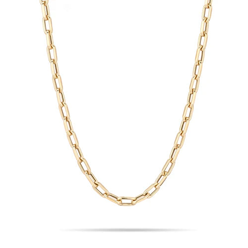 yellow gold chainlink necklace against a white background