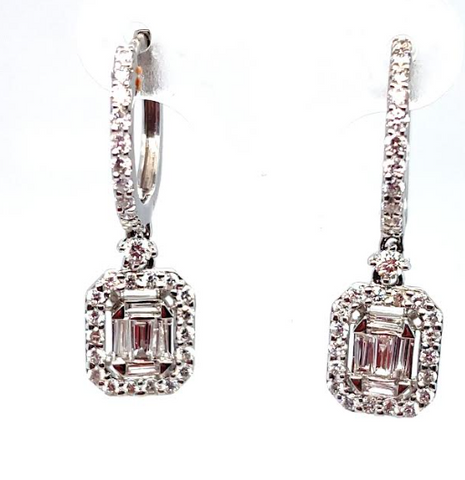 East Coast Diamond Buyers dangling bagueete and round on huggie Earrings