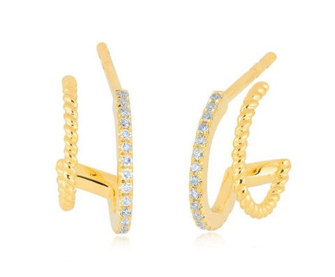 EF Collection diamond and gold twist double huggie Earrings