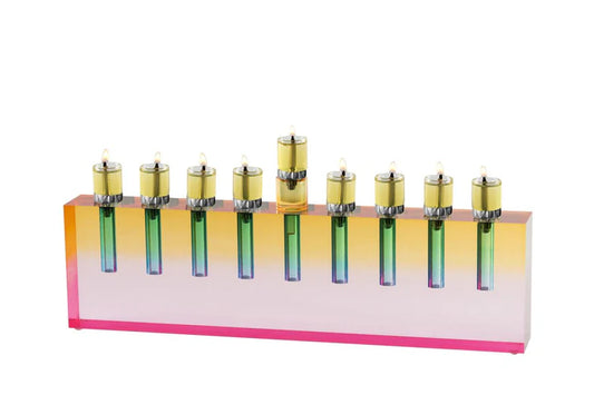 Acrylic pink, green, and yellow Oil Menorah against a white background