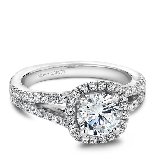 White Gold Round Cushion Halo Engagement Ring by Noam Carver against a white background