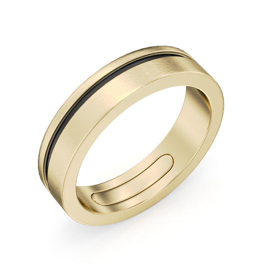 black Enamel with Yellow Gold Carved wedding band against a white background