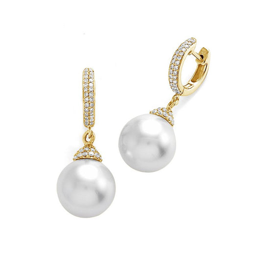 Bridal South Sea Pearl and yellow gold Diamond Earrings against a white background