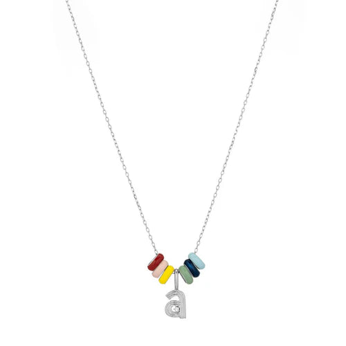 Sterling silver necklace with six multi-colored beads and a charm shaped like an "a" against a white background
