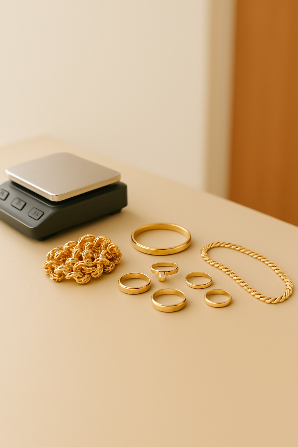 yellow gold rings and chains on a brown countertop beside a jewelry scale