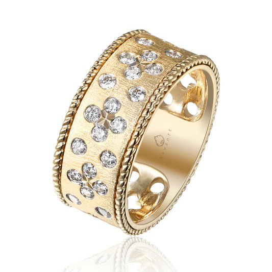 yellow gold Clover Wide Diamond Band against a white background