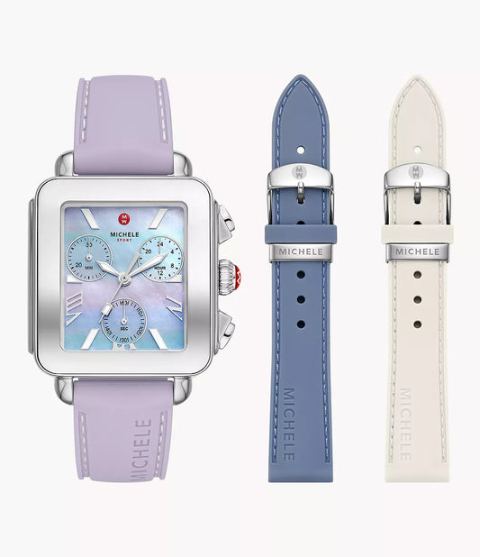 square-shaped Deco Sport Chronograph Stainless Steel Watch with purple, blue, and white leather band options against a white background