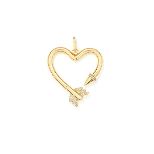 Yellow gold charm of an arrow shaped into a heart with diamonds on the point and fletching against a white background