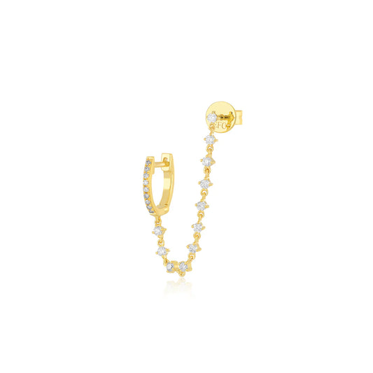 yellow gold and Diamond Mini Huggie & Prong Set Chain Stud Earring against a white background