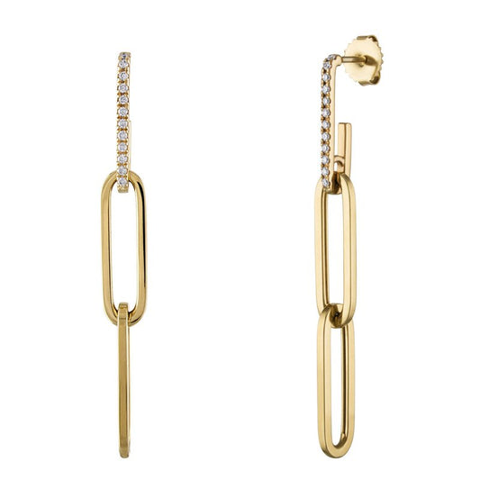 Yellow Gold & Diamond PaperClip Earrings against a white background