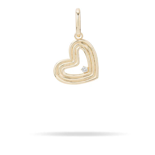 Multi-layered gold heart charm with a diamond in the center against a white background