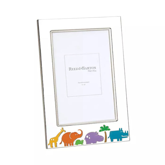 Reed & Barton silver picture frame with multi-colored zoo animals against a white background