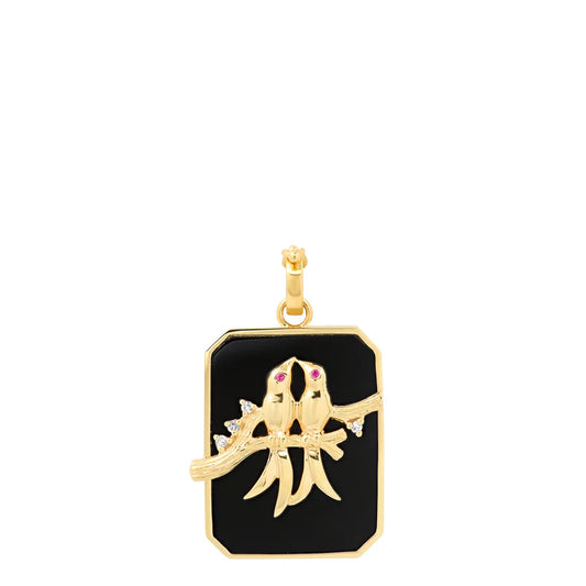 Onyx and yellow gold Lovebirds Pendant against a white background