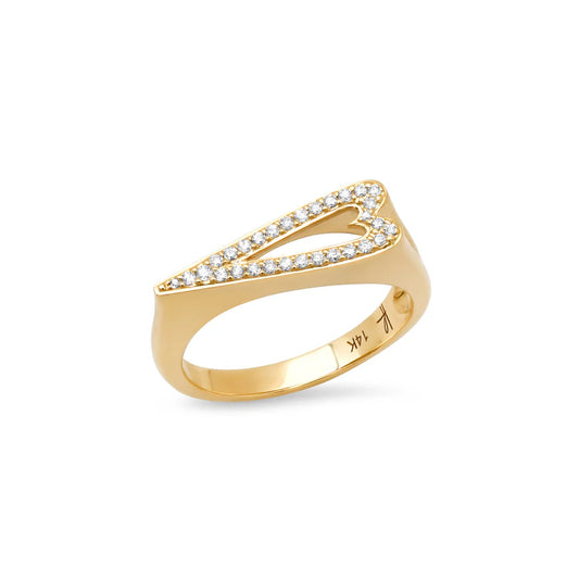 yellow gold and diamond ring shaped like a heart against a white background