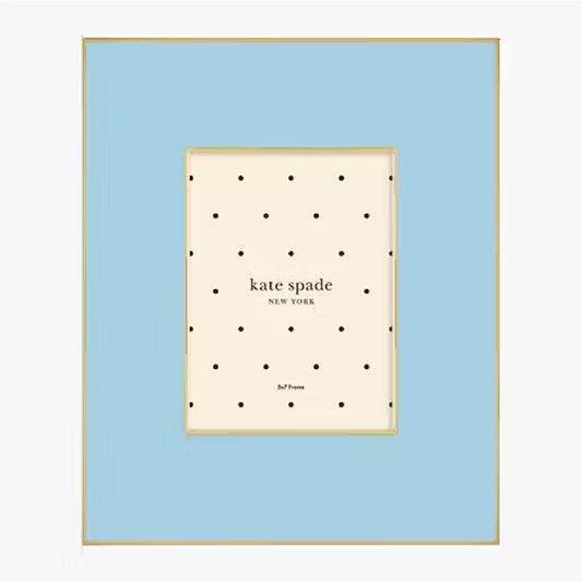 kate spade light blue picture frame with yellow gold outline against a white background
