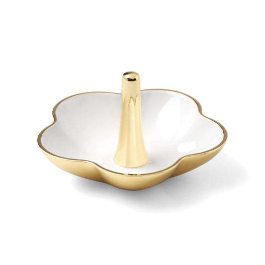 white and yellow gold flower-shaped Ring Dish against a white background