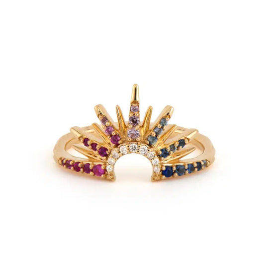yellow gold with multi-colored stones Sunrise Sunset Ring against a white background