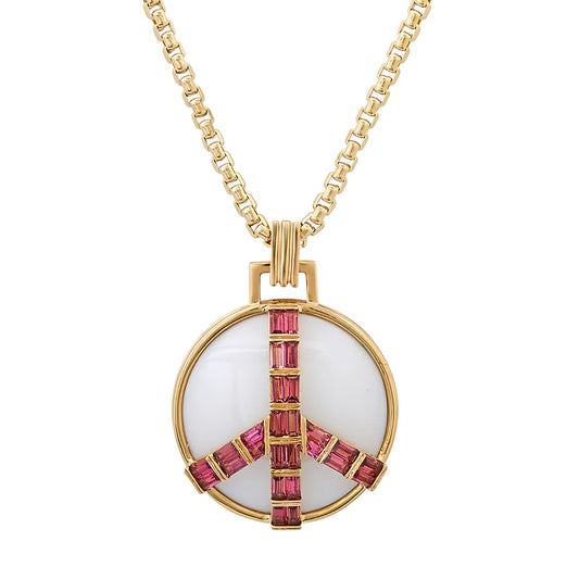 yellow gold Peace Necklace with White Onyx and Pink Tourmaline against a white background