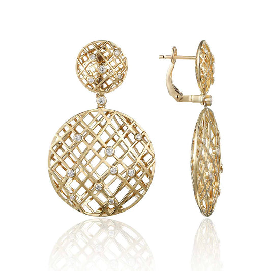 yellow gold Mesh Round Dangle Earrings with diamonds throughout the mesh against a white background