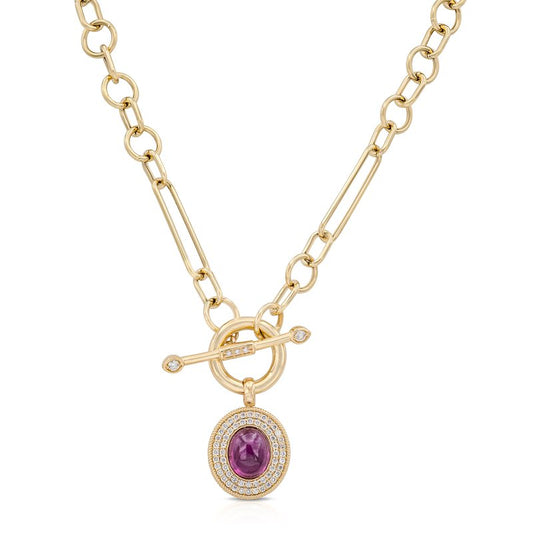 Pink Tourmaline & Diamond Toggle Necklace against a white background