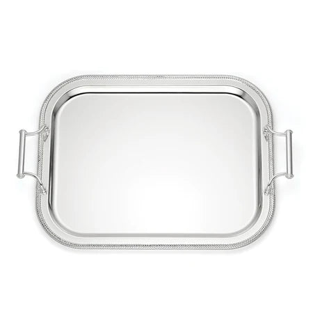 silver rectangular serving tray against a white background